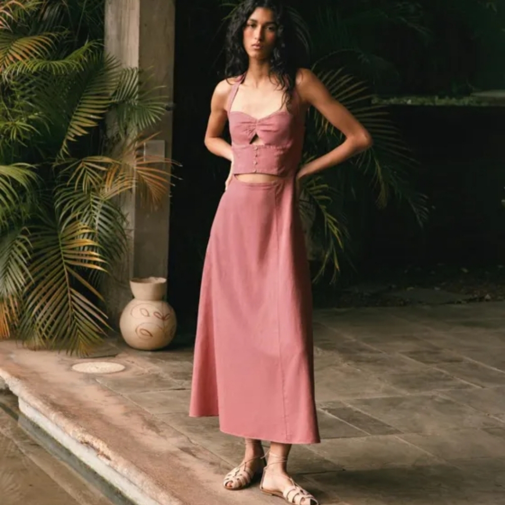 Zara Ramie Blind Halter Midi Dress, XS  (3506/730/172)